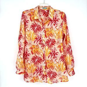 J. MCLAUGHLIN Women's XL 100% Linen Orange/Red Floral LS Button-Up Top Blouse